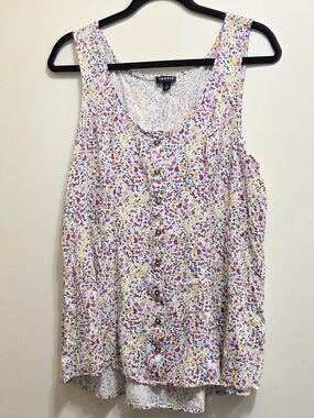 torrid White Floral Button-Front Tank with Purple & Yellow Accents Sz1